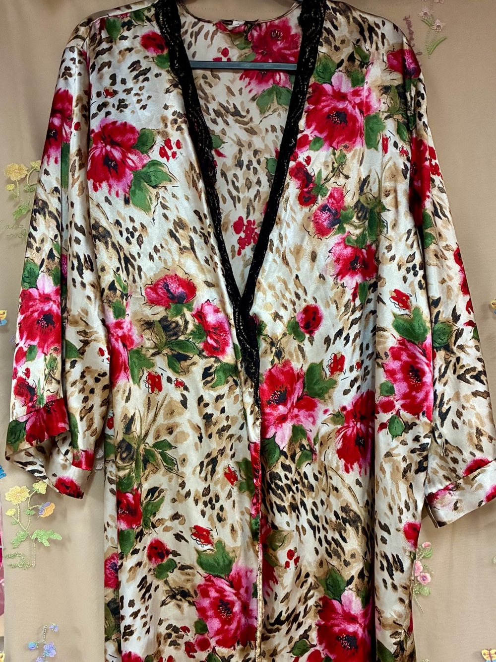 Linea Donatella XL Floral Leopard Satin Kimono Robe Lace Trim 16-18